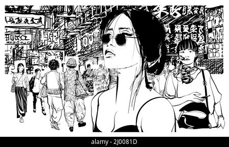 Imaginäres Stadtbild in Japan mit Menschen auf der Straße - Vektordarstellung - alle Charaktere sind fiktiv Stock Vektor