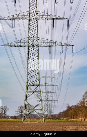 Eine Reihe von Hochspannungsmasten in einer Reihe auf einem Feld sorgen für den Transport von Strom Stockfoto