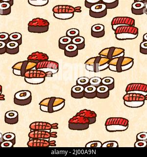 Nahtloser Hintergrund mit verschiedenen Sushi, Vektor-Illustration Stock Vektor
