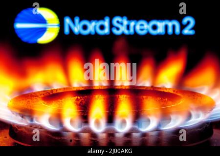 Gasbrenner auf dem Hintergrund des Nord Stream 2 Logos Stockfoto