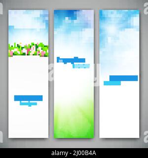 Set aus drei Banner mit Sommerlandschaft. Vektorgrafik Stock Vektor