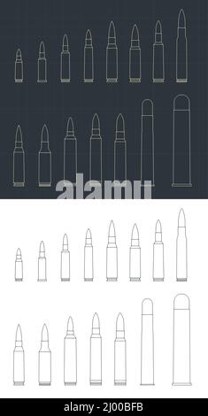 Stilisierte Vektor-Illustrationen von Kugeln verschiedener Geschosse gesetzt Stock Vektor