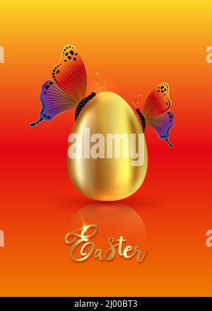 Realistisches goldenes Ei mit luxuriösen bunten Schmetterlingen, Ostern Konzept Vektor-Illustration isoliert auf orange Frühlingsfarben Hintergrund Stock Vektor
