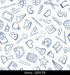 Willkommen zurück in der Schule. Freihändig Schulsachen auf ein Blatt Übungsbuch zeichnen. Nahtloses Muster. Vektorgrafik. Stock Vektor