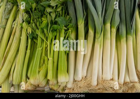 Primeur Obst und Gemüse. Detail von Lauch bei einem Gemüsehändler Stockfoto