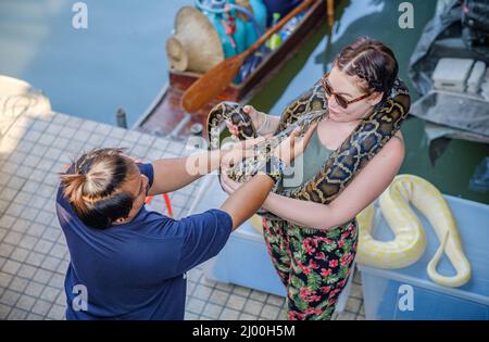 Begegnung mit Python-Schlangen auf dem schwimmenden Markt von Damnoen Saduak. Stockfoto