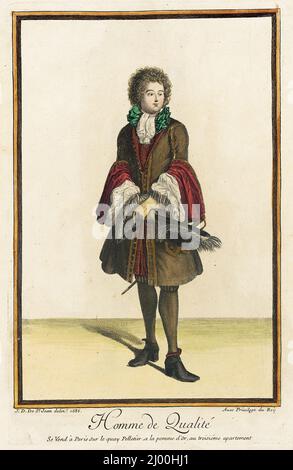 Recueil des Modes de la Cour de France, „Homme de Qualité“. Jean Dieu de Saint-Jean (Frankreich, blühte 1675-1695). Frankreich, Paris, 1686. Ausdrucke. Handkolorierte Gravur auf Papier Stockfoto