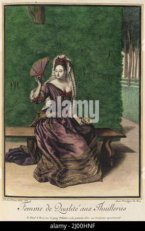 Recueil des Modes de la cour de France, 'Femme de Qualité aux Thuilleries'. Jean Dieu de Saint-Jean (Frankreich, blühte 1675-1695). Frankreich, Paris, 1686. Ausdrucke. Handkolorierte Gravur auf Papier Stockfoto