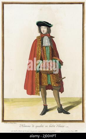 Recueil des Modes de la cour de France, „Homme de qualité en habit d'hiuer“. Jean Dieu de Saint-Jean (Frankreich, blühte 1675-1695). Frankreich, Paris, 1683. Ausdrucke. Handkolorierte Gravur auf Papier Stockfoto