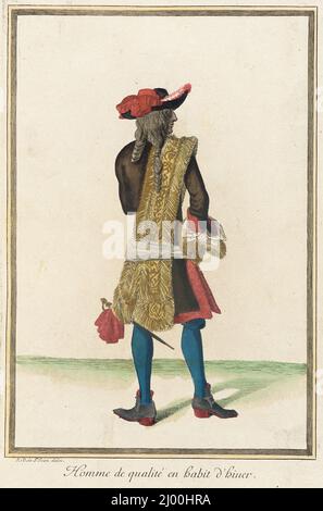 Recueil des Modes de la cour de France, „Homme de qualité en habit d'hiuer“. Jean Dieu de Saint-Jean (Frankreich, blühte 1675-1695). Frankreich, Paris, 1678. Ausdrucke. Handkolorierte Gravur auf Papier Stockfoto