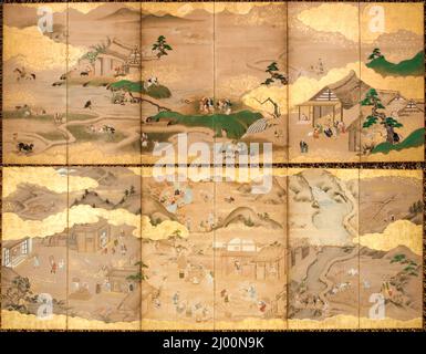 Reisanbau durch die vier Jahreszeiten. Japan, ca. 1700-1725. Gemälde, Bildschirme. Ein Paar sechs-Panel-Faltschirme mit Tinte, Farbe und Gold auf Papier Stockfoto