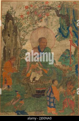 Der Arhat Kalika. Osttibet, Kham-Region, ein Trungpa-Kloster in Surmang (?), ca. Anfang des 17.. Jahrhunderts. Gemälde. Mineralische Pigmente und Gold auf Seide Stockfoto