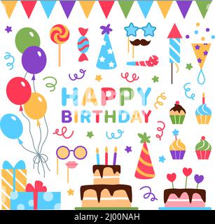 Happy Birthday Elements Set. Flache bunte Objekte Stock Vektor