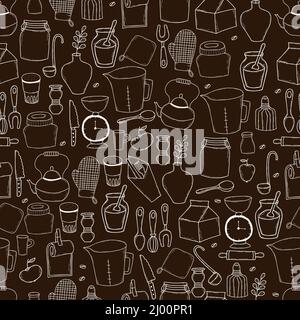 Nahtloses Muster mit Kreide Kochwerkzeugen Geschirr und Geschirr, Topfhalter und Gläser, Teekocher, Kochtopf, Kaffeemaschine, Schöpfkelle und Messer im Dunkeln Stock Vektor