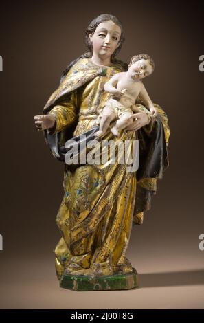 Jungfrau mit dem Jesuskind und dem kleinen Vogel (Virgen con el Niño Jesús y pajarito). Der 18.. Jahrhundert in Guatemala tätig. Guatemala, Ende des 18.. Jahrhunderts. Skulptur. Holz, vergoldet, Polychromie Stockfoto