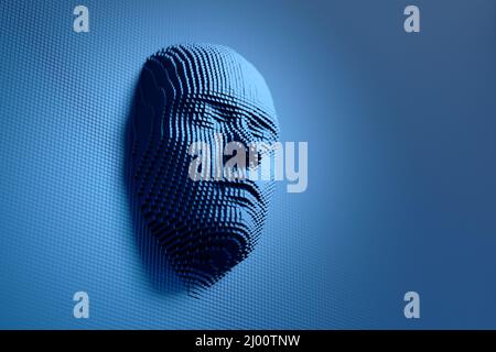 Menschliches Gesicht aus blauen Würfeln. Konzept der künstlichen Intelligenz. 3d-Illustration. Stockfoto