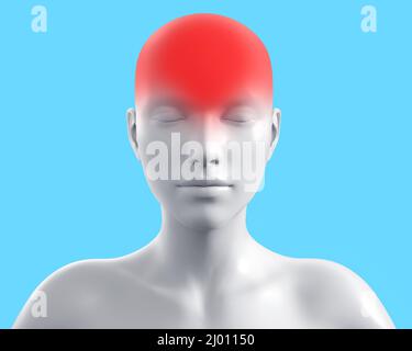 3D Darstellung einer weiblichen grauen Figur mit Kopfschmerz auf blauem Hintergrund. Stockfoto