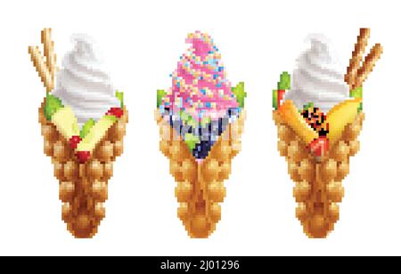 Bubble hong kong Waffeln mit Früchten realistische Reihe von isolierten Eis-Bilder mit verschiedenen Belägen Vektor-Illustration Stock Vektor
