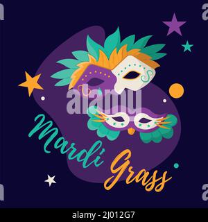 Purple mardi Gras Poster paar Karnevalsmasken mit Federn Vektor Stock Vektor
