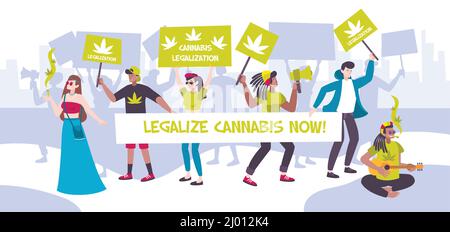 Manifestation Treffen Cannabis Legalisierung Zusammensetzung mit Menschen und Banner legalisieren Cannabis jetzt Vektor Illustration Stock Vektor