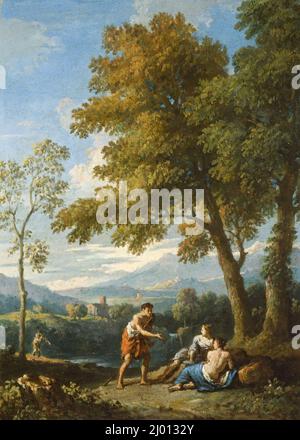 Eine von zwei Ansichten der römischen Campagna mit Figuren, die sich unterhalten. Jan Frans van Bloemen (Orizzonte genannt) (Flandern (heute Belgien), Antwerpen, 1662-1749, aktives Italien, Rom). Circa 1725. Gemälde. Öl auf Papier, auf Leinwand gelegt Stockfoto