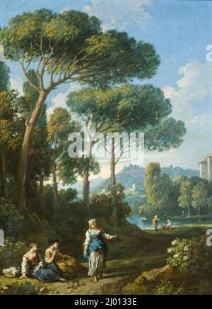 Eine von zwei Ansichten der römischen Campagna mit Figuren, die sich unterhalten. Jan Frans van Bloemen (Orizzonte genannt) (Flandern (heute Belgien), Antwerpen, 1662-1749, aktives Italien, Rom). Circa 1725. Gemälde. Öl auf Papier, auf Leinwand gelegt Stockfoto