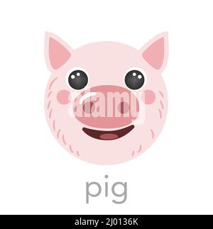 Schwein nettes Porträt mit Name Text Lächeln Kopf Cartoon runde Form Avatar rosa Tier Gesicht, isolierte Vektor-Symbol Illustrationen auf weißem Hintergrund. Flaches, einfaches handgezeichnetes Poster, Karten, T-Shirt für Kinder Stock Vektor