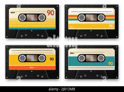 Realistische vintage Musikkassette Satz von vier isolierten Bildern von Audiotapes mit Schatten auf leeren Hintergrund Vektor-Illustration Stock Vektor