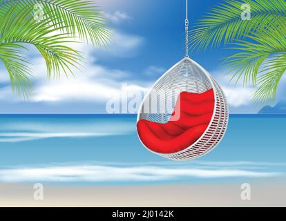 Hängender Wicker-Schaukelstuhl am Strand mit tropischem Outdoor-Design Landschaft Palme Blätter Meer und Lounge Vektor-Illustration Stock Vektor