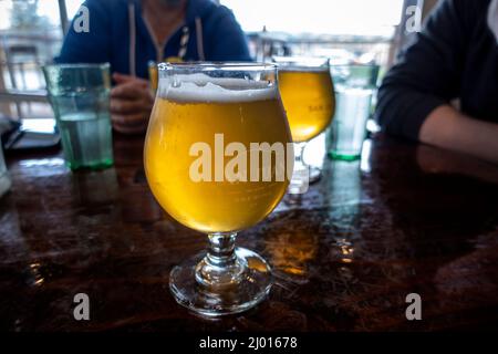 Friday Harbor, WA USA - ca. November 2021: Nahaufnahme, selektiver Fokus auf ein kaltes, schaumiges Glas Bier in der San Juan Island Brewery. Stockfoto