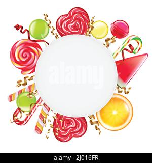 Bonbons Zitrusräder Spirale Karamell Blumen Bonbons Lutscher runden Rahmen Realistische kreisförmige Komposition weißer Hintergrund Vektorgrafik Stock Vektor