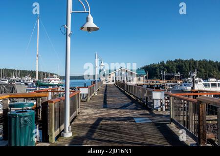 Friday Harbor, WA USA - ca. November 2021: Blick auf den Spring Street Landing Hafen am Friday Harbor an einem hellen, sonnigen Herbsttag. Stockfoto