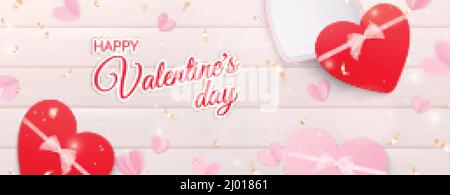 Valentinstag Herzen horizontale Komposition mit reich verzierten Text und realistisch Bilder von herzförmigen Geschenk-Boxen Vektor-Illustration Stock Vektor