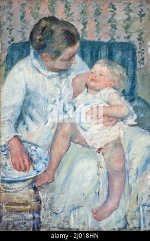 Mutter will ihr schlafliches Kind waschen. Mary Cassatt (USA, Pennsylvania, Allegheny City, aktives Frankreich, 1844-1926). Usa, 1880. Gemälde. Öl auf Leinwand Stockfoto