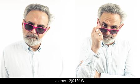 Collage Porträt von Mann mittleren Alters trägt Fuscia Sonnenbrille zeigt Verdacht isoliert weißen Hintergrund Studio-Aufnahme . Hochwertige Fotos Stockfoto