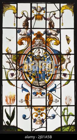 Heraldische Tafel. Niederlande, 1620-1625. Architektur; Architektonische Elemente. Weißes Glas mit Silberfleck und Emaille Stockfoto