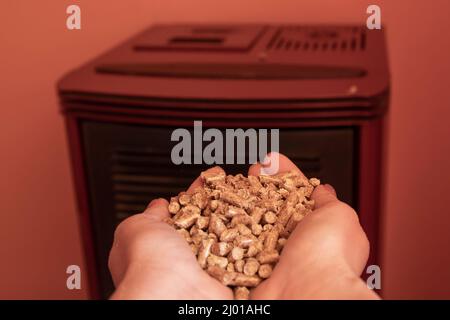 Geben Sie das Methanpellet-Granulat in den Pelletofen Stockfoto