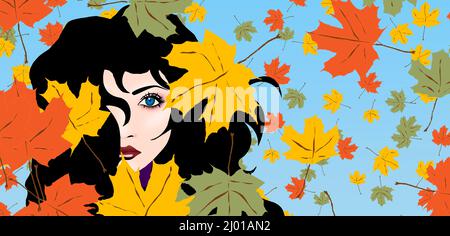 Eine schöne Frau wird im Herbst gesehen, als bunte goldene Blätter in einer 3-d-Illustration im Wind um ihren Kopf wehen. Stockfoto