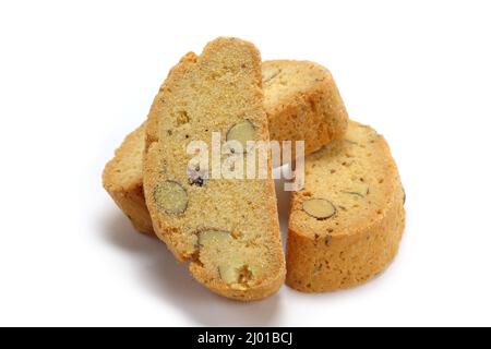 Italienische Biscotti Kekse isoliert auf weißem Hintergrund Stockfoto