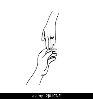 Linie Kunst Nahaufnahme Hand des Geliebten Paar halten mit Ehering Illustration Vektor Hand gezeichnet isoliert auf weißem Hintergrund Stock Vektor