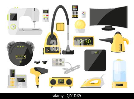 Haushaltsgeräte Reinigung Urlaub Wohnung Set. Smart Gadget Assistent Reiniger Luftreiniger Haarbeleuchtung Nähen Uhr. Tragbare Kopfhörer Gadget moderne Home-Tech auf weiß isoliert Stock Vektor
