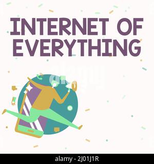 Hand schreiben Zeichen Internet von allem. Wort für Netzwerk von Dingen interagieren und miteinander verbinden man Zeichnung halten Megaphon läuft mit Stockfoto