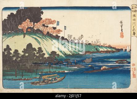 Kirschblüten in voller Blüte entlang des Sumida River. Utagawa Hiroshige (Japan, Edo, 1797-1858). Japan, ca. 1832-1834. Drucke; Holzschnitte. Farbholzschnitt (refurbished) Stockfoto