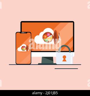 Sicheres Cloud-Dokument mit Computer- und mobilem Flat-Design Stock Vektor