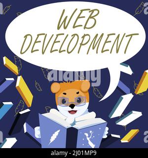 Hand schreiben Zeichen Web Development. Business Idea Web Development Fox mit Brille sitzt in der Bibliothek Lesen Eines Buches Studieren. Stockfoto