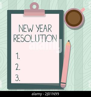 Textschild mit Neujahrsauflösung. Geschäftsidee Versprechen, dass Sie sich selbst etwas zu tun beginnen Illustration von Bleistift auf dem Tisch Stockfoto
