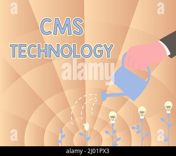 Inspiration mit Zeichen CMS-Technologie. Wort geschrieben auf Programme, die verwendet werden, um digitale Inhalte zu erstellen und zu verwalten Hand Holding Wasser Dose Bewässerung Stockfoto