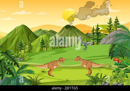 Naturszene mit Bäumen auf Bergen mit Dinosaurier-Illustration Stock Vektor