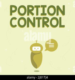 Text mit der Inspiration Portion Control. Geschäftsidee zu wissen, die richtigen Maßnahmen oder Serviergrößen wie pro Calorie Cute Floating Robot sagen uns Stockfoto