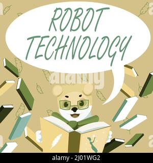 Textunterschrift zur Darstellung der Robotertechnologie. Geschäftsansatz entwickeln Sie Maschinen, die den Menschen ersetzen können Aufgabe Fox mit Brille sitzen in der Bibliothek Stockfoto